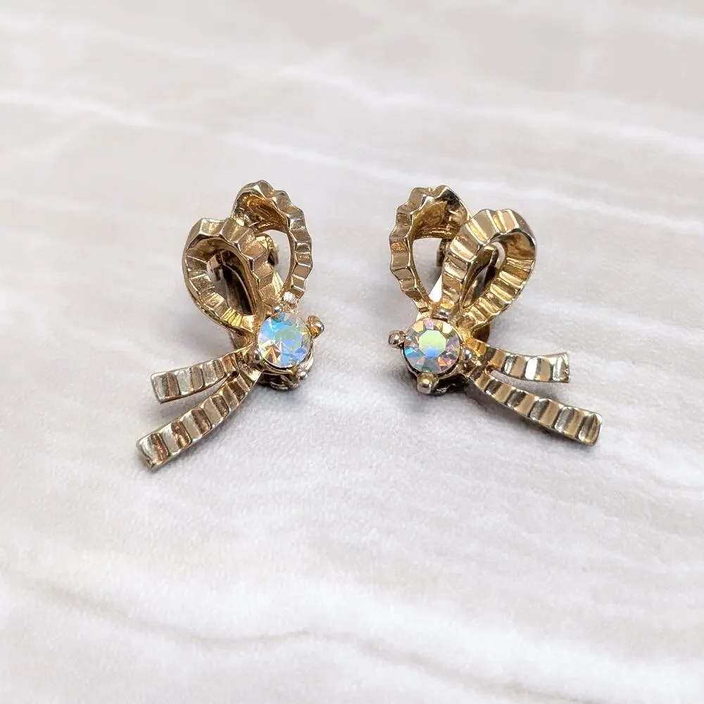 Vintage Clip On Earrings Gold Tone Bow with Aurora Borealis Gem